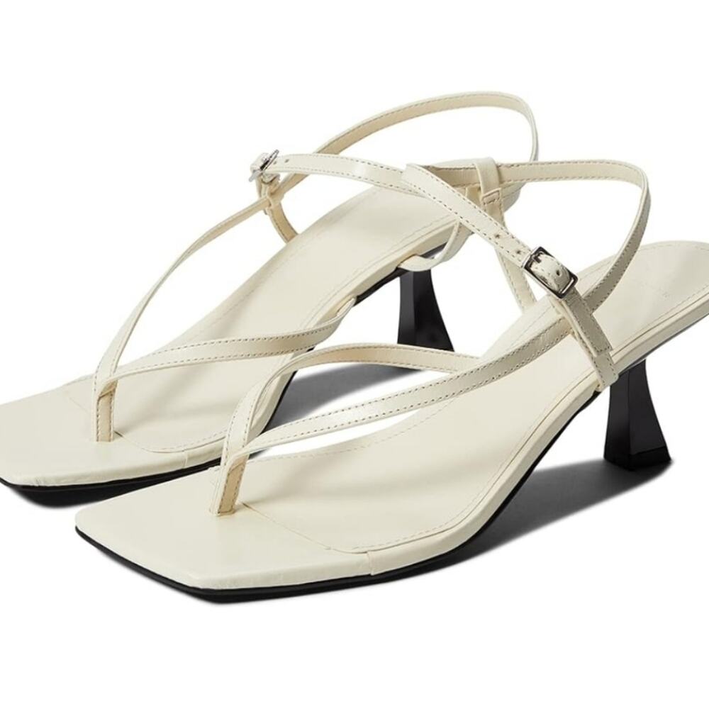 Marc Fisher LTD Calinda Beige Nude Leather Square Toe Kitten Heel Sandal 6.5